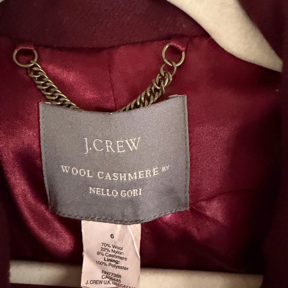 J.Crew Wool Cashmere Coat Size 6 Burgundy Peacoat Hooded Italian Fabric - Picture 3 of 6
